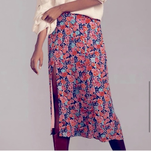 ⬇️ Anthropologie The Lille Side-Slit Midi Skirt by Maeve Pink Floral Size 14 - Picture 6 of 13